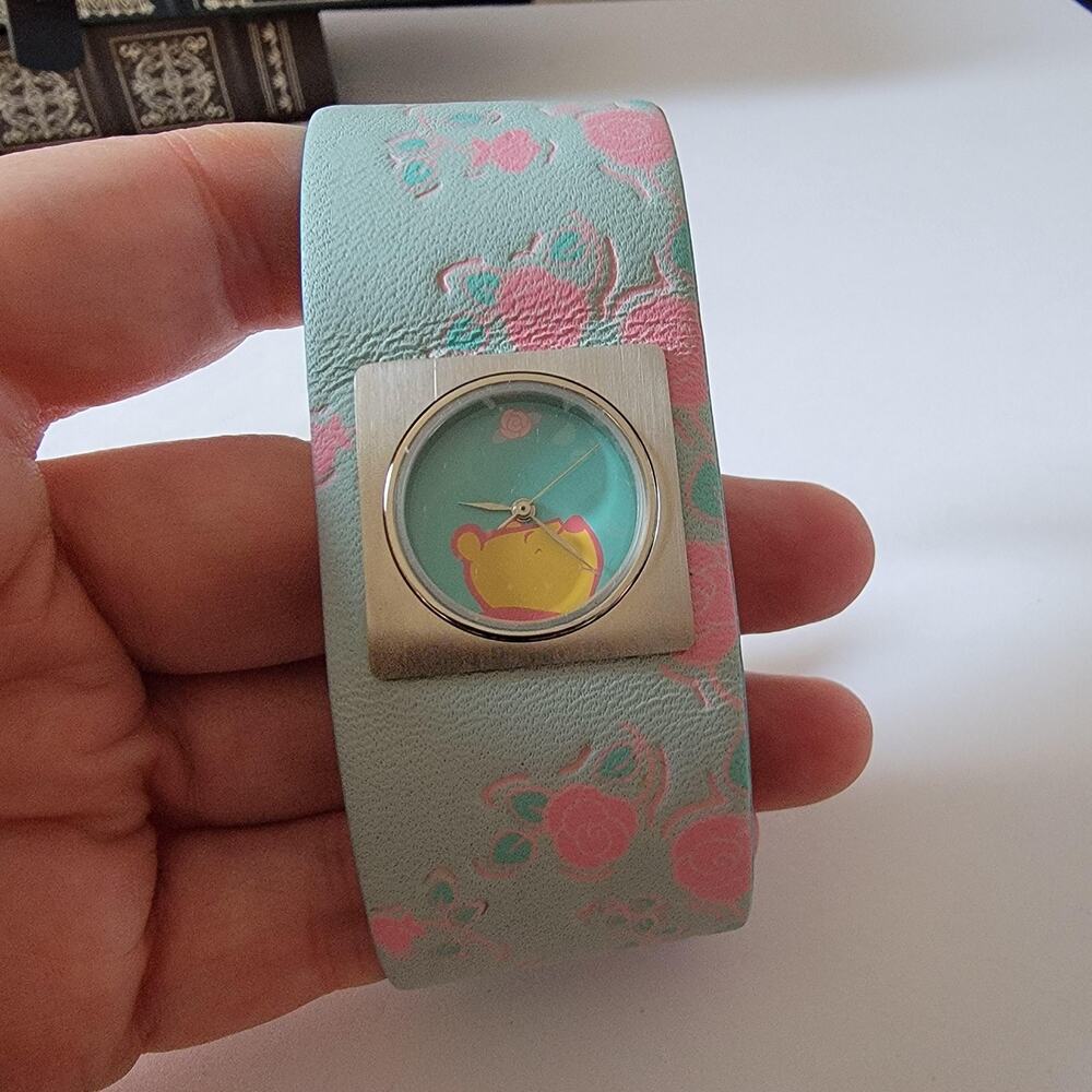 Disney Blue Dial Cuff Band Watch Pink Rose Print Silver Tone Women Jewelry